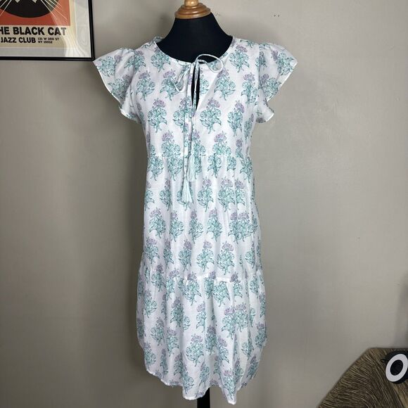 J Marie CECILIA RUFFLE SLEEVE DRESS Sz Large Tiered White Teal Floral Print - Picture 2 of 11